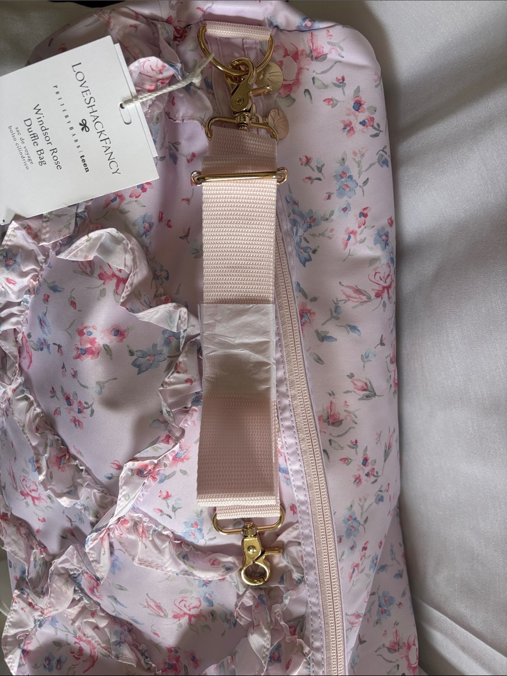 LoveShackFancy X PotteryBarn Light Pink Floral Ruffle Travel Duffel - Picture 3 of 6